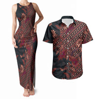 Indonesian Parang Batik Couples Matching Tank Maxi Dress and Hawaiian Shirt Red Floral Pattern