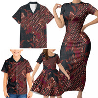 Indonesian Parang Batik Family Matching Short Sleeve Bodycon Dress and Hawaiian Shirt Red Floral Pattern