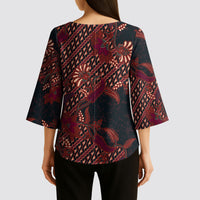 Indonesian Parang Batik Kimono Sleeve Blouse Red Floral Pattern