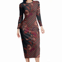 Indonesian Parang Batik Long Sleeve Bodycon Dress Red Floral Pattern