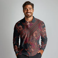 Indonesian Parang Batik Long Sleeve Polo Shirt Red Floral Pattern