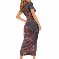 Indonesian Parang Batik Short Sleeve Bodycon Dress Red Floral Pattern