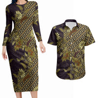 Indonesian Parang Batik Couples Matching Long Sleeve Bodycon Dress and Hawaiian Shirt Yellow Floral Pattern