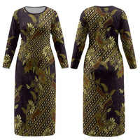 Indonesian Parang Batik Couples Matching Long Sleeve Bodycon Dress and Hawaiian Shirt Yellow Floral Pattern