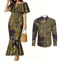 Indonesian Parang Batik Couples Matching Mermaid Dress and Long Sleeve Button Shirt Yellow Floral Pattern