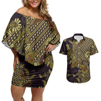 Indonesian Parang Batik Couples Matching Off Shoulder Short Dress and Hawaiian Shirt Yellow Floral Pattern