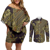 Indonesian Parang Batik Couples Matching Off Shoulder Short Dress and Long Sleeve Button Shirt Yellow Floral Pattern