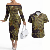 Indonesian Parang Batik Couples Matching Off The Shoulder Long Sleeve Dress and Hawaiian Shirt Yellow Floral Pattern