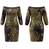 Indonesian Parang Batik Couples Matching Off The Shoulder Long Sleeve Dress and Hawaiian Shirt Yellow Floral Pattern
