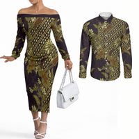 Indonesian Parang Batik Couples Matching Off The Shoulder Long Sleeve Dress and Long Sleeve Button Shirt Yellow Floral Pattern