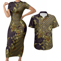 Indonesian Parang Batik Couples Matching Short Sleeve Bodycon Dress and Hawaiian Shirt Yellow Floral Pattern