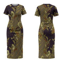 Indonesian Parang Batik Couples Matching Short Sleeve Bodycon Dress and Hawaiian Shirt Yellow Floral Pattern