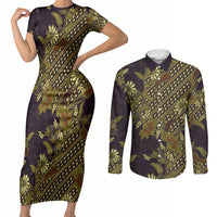 Indonesian Parang Batik Couples Matching Short Sleeve Bodycon Dress and Long Sleeve Button Shirt Yellow Floral Pattern