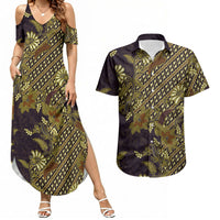 Indonesian Parang Batik Couples Matching Summer Maxi Dress and Hawaiian Shirt Yellow Floral Pattern