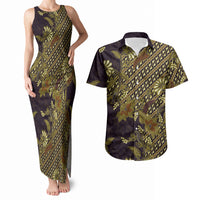 Indonesian Parang Batik Couples Matching Tank Maxi Dress and Hawaiian Shirt Yellow Floral Pattern