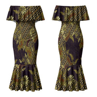 Indonesian Parang Batik Family Matching Mermaid Dress and Hawaiian Shirt Yellow Floral Pattern