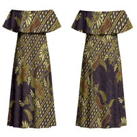 Indonesian Parang Batik Family Matching Off Shoulder Maxi Dress and Hawaiian Shirt Yellow Floral Pattern