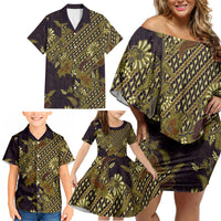 Indonesian Parang Batik Family Matching Off Shoulder Short Dress and Hawaiian Shirt Yellow Floral Pattern