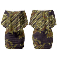 Indonesian Parang Batik Family Matching Off Shoulder Short Dress and Hawaiian Shirt Yellow Floral Pattern