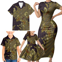 Indonesian Parang Batik Family Matching Short Sleeve Bodycon Dress and Hawaiian Shirt Yellow Floral Pattern