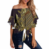 Indonesian Parang Batik Off Shoulder Wrap Waist Top Yellow Floral Pattern