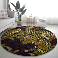 Indonesian Parang Batik Round Carpet Yellow Floral Pattern