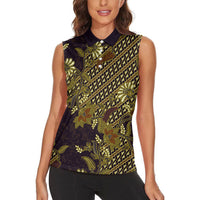 Indonesian Parang Batik Women Sleeveless Polo Shirt Yellow Floral Pattern