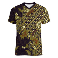 Indonesian Parang Batik Women V-Neck T-Shirt Yellow Floral Pattern