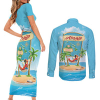 Aloha Hawaii Couples Matching Short Sleeve Bodycon Dress and Long Sleeve Button Shirt Funny Macaw Parrot Tropical Vibe