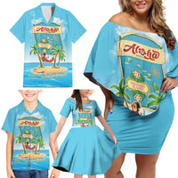 Aloha Hawaii Family Matching Off Shoulder Short Dress and Hawaiian Shirt Funny Macaw Parrot Tropical Vibe