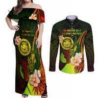 Personalised Hawaii State Motto Couples Matching Off Shoulder Maxi Dress and Long Sleeve Button Shirt Hawaiian Tribal Reggae Hammerhead Shark LT05 Reggae - Polynesian Pride