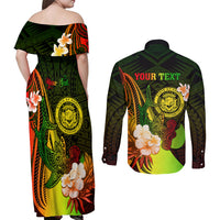 Personalised Hawaii State Motto Couples Matching Off Shoulder Maxi Dress and Long Sleeve Button Shirt Hawaiian Tribal Reggae Hammerhead Shark LT05 - Polynesian Pride