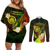 Personalised Hawaii State Motto Couples Matching Off Shoulder Short Dress and Long Sleeve Button Shirt Hawaiian Tribal Reggae Hammerhead Shark LT05 Reggae - Polynesian Pride