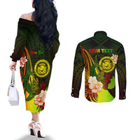 Personalised Hawaii State Motto Couples Matching Off The Shoulder Long Sleeve Dress and Long Sleeve Button Shirt Hawaiian Tribal Reggae Hammerhead Shark LT05 - Polynesian Pride