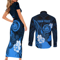 Personalised Hawaii State Motto Couples Matching Short Sleeve Bodycon Dress and Long Sleeve Button Shirt Hawaiian Tribal Blue Hammerhead Shark LT05 - Polynesian Pride