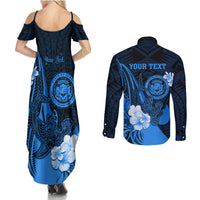 Personalised Hawaii State Motto Couples Matching Summer Maxi Dress and Long Sleeve Button Shirt Hawaiian Tribal Blue Hammerhead Shark LT05 - Polynesian Pride