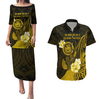 Personalised Hawaii State Motto Couples Matching Puletasi and Hawaiian Shirt Hawaiian Tribal Gold Hammerhead Shark LT05 Gold - Polynesian Pride