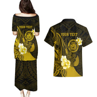 Personalised Hawaii State Motto Couples Matching Puletasi and Hawaiian Shirt Hawaiian Tribal Gold Hammerhead Shark LT05 - Polynesian Pride