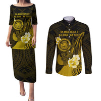Personalised Hawaii State Motto Couples Matching Puletasi and Long Sleeve Button Shirt Hawaiian Tribal Gold Hammerhead Shark LT05 Gold - Polynesian Pride