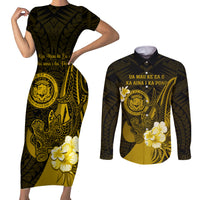Personalised Hawaii State Motto Couples Matching Short Sleeve Bodycon Dress and Long Sleeve Button Shirt Hawaiian Tribal Gold Hammerhead Shark LT05 Gold - Polynesian Pride
