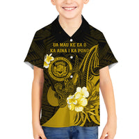 Personalised Hawaii State Motto Family Matching Short Sleeve Bodycon Dress and Hawaiian Shirt Hawaiian Tribal Gold Hammerhead Shark LT05 Son's Shirt Gold - Polynesian Pride