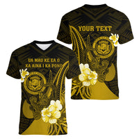 Personalised Hawaii State Motto Women V Neck T Shirt Hawaiian Tribal Gold Hammerhead Shark LT05 - Polynesian Pride