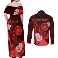 Personalised Hawaii State Motto Couples Matching Off Shoulder Maxi Dress and Long Sleeve Button Shirt Hawaiian Tribal Red Hammerhead Shark LT05 - Polynesian Pride