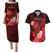 Personalised Hawaii State Motto Couples Matching Puletasi and Hawaiian Shirt Hawaiian Tribal Red Hammerhead Shark LT05 Red - Polynesian Pride