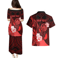 Personalised Hawaii State Motto Couples Matching Puletasi and Hawaiian Shirt Hawaiian Tribal Red Hammerhead Shark LT05 - Polynesian Pride