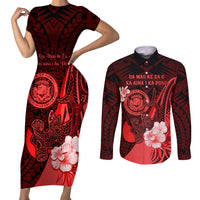 Personalised Hawaii State Motto Couples Matching Short Sleeve Bodycon Dress and Long Sleeve Button Shirt Hawaiian Tribal Red Hammerhead Shark LT05 Red - Polynesian Pride