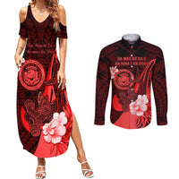 Personalised Hawaii State Motto Couples Matching Summer Maxi Dress and Long Sleeve Button Shirt Hawaiian Tribal Red Hammerhead Shark LT05 Red - Polynesian Pride