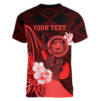 Personalised Hawaii State Motto Women V Neck T Shirt Hawaiian Tribal Red Hammerhead Shark LT05 - Polynesian Pride