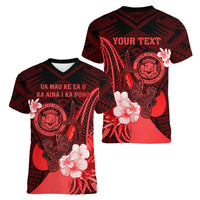 Personalised Hawaii State Motto Women V Neck T Shirt Hawaiian Tribal Red Hammerhead Shark LT05 - Polynesian Pride
