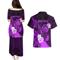 Personalised Hawaii State Motto Couples Matching Puletasi and Hawaiian Shirt Hawaiian Tribal Purple Hammerhead Shark LT05 - Polynesian Pride